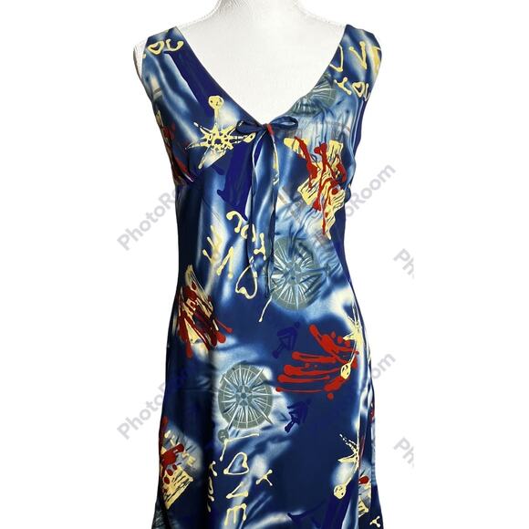 VTG Y2K Millennium Slip Dress SZ 14 Multicolor Abstract Print Love Compass Rose - Picture 2 of 9